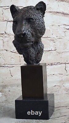 African Male Lion Head Cat Bronze Sculpture Bust Signed Art Deco Marble Figurine