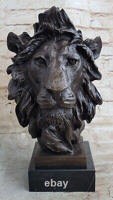 African Male Lion Head Cat Bronze Sculpture Bust Signed Art Deco Marble Figurine