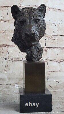 African Male Lion Head Cat Bronze Sculpture Bust Signed Art Deco Marble Figurine