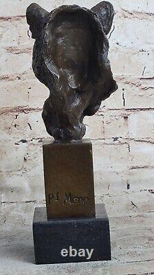 African Male Lion Head Cat Bronze Sculpture Bust Signed Art Deco Marble Figurine