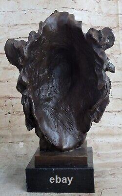 African Male Lion Head Cat Bronze Sculpture Bust Signed Art Deco Marble Figurine