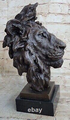 African Male Lion Head Cat Bronze Sculpture Bust Signed Art Deco Marble Figurine