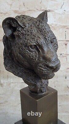 African Male Lion Head Cat Bronze Sculpture Bust Signed Art Deco Marble Figurine