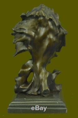 African Male Lion Head Cat Bronze Sculpture Bust Signed Art Deco Marble Figurine