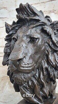 African Male Lion Head Cat Bronze Sculpture Bust Signed Art Deco Marble Figurine