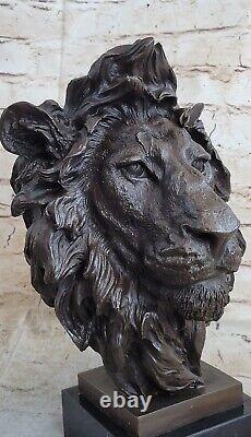 African Male Lion Head Cat Bronze Sculpture Bust Signed Art Deco Marble Figurine