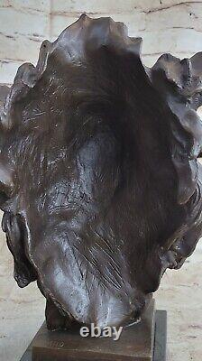 African Male Lion Head Cat Bronze Sculpture Bust Signed Art Deco Marble Figurine