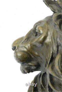 African Male Lion Head Cat Bronze Sculpture Bust Signed Art Deco Marble Figurine