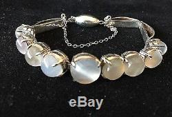 An Antique Late Victorian Art Deco Sterling Silver Cats Eye Moonstone Bracelet