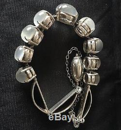 An Antique Late Victorian Art Deco Sterling Silver Cats Eye Moonstone Bracelet