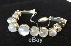 An Antique Late Victorian Art Deco Sterling Silver Cats Eye Moonstone Bracelet