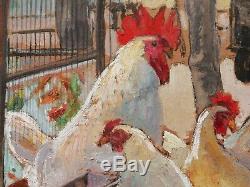 Anne Escassut French Oil Painting Animal Art Rooster Hens Cat Aquarium Paris