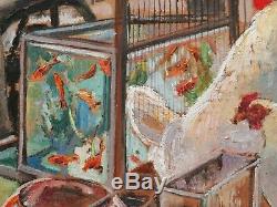 Anne Escassut French Oil Painting Animal Art Rooster Hens Cat Aquarium Paris