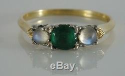 Antique 14k Two Tone Gold Art Deco Emerald Cats Eye Moonstone Three Stone Ring