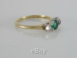 Antique 14k Two Tone Gold Art Deco Emerald Cats Eye Moonstone Three Stone Ring