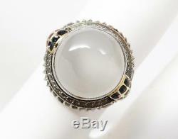 Antique Art Deco 14K White Gold Filigree Enamel Cats Eye Moonstone Ring Sz 5.75