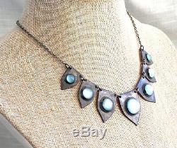 Antique Art Deco Artisan Silver & Blue Cat's Eye Glass Moonstone Necklace