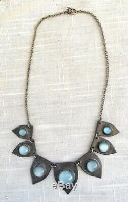 Antique Art Deco Artisan Silver & Blue Cat's Eye Glass Moonstone Necklace