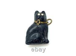 Antique Art Deco Bohemian Crackerjack Lucky Black Pressed Glass Cat Charm