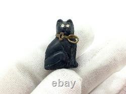 Antique Art Deco Bohemian Crackerjack Lucky Black Pressed Glass Cat Charm