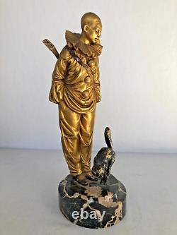 Antique Art Deco Bronze By Georges OMERTH, (1895 et 1925) Pierrot with Cat
