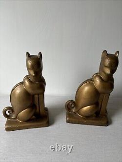 Antique Art Deco Cats Gold Painted Metal Nouveau Bookends Stunning 1930's Regal