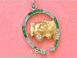 Antique Art Deco Diamond Emerald Horseshoe Lion Cat Exotic Feline Pendant 1930