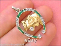 Antique Art Deco Diamond Emerald Horseshoe Lion Cat Exotic Feline Pendant 1930