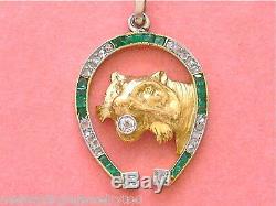 Antique Art Deco Diamond Emerald Horseshoe Lion Cat Exotic Feline Pendant 1930