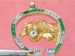 Antique Art Deco Diamond Emerald Horseshoe Lion Cat Exotic Feline Pendant 1930