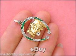 Antique Art Deco Diamond Emerald Horseshoe Lion Cat Exotic Feline Pendant 1930