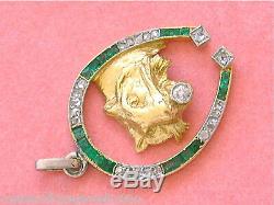 Antique Art Deco Diamond Emerald Horseshoe Lion Cat Exotic Feline Pendant 1930