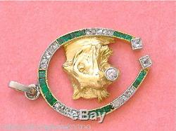 Antique Art Deco Diamond Emerald Horseshoe Lion Cat Exotic Feline Pendant 1930