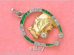 Antique Art Deco Diamond Emerald Horseshoe Lion Cat Exotic Feline Pendant 1930