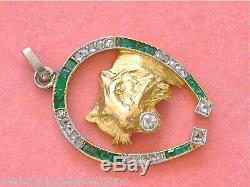 Antique Art Deco Diamond Emerald Horseshoe Lion Cat Exotic Feline Pendant 1930