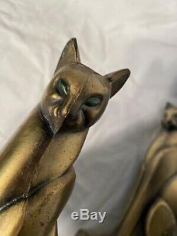 Antique Art Deco Egyptian Revival Cat Bookends Bronze Frankart Rare Green Eyes