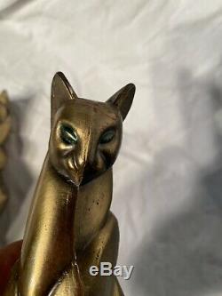 Antique Art Deco Egyptian Revival Cat Bookends Bronze Frankart Rare Green Eyes