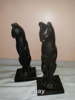 Antique Art Deco Extreme Cat Bookends Black Metal 1930