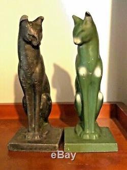 Antique Art Deco Frankart Nuart Cat Cats Bookends Green Black Metal 8 Sleek