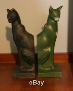 Antique Art Deco Frankart Nuart Cat Cats Bookends Green Black Metal 8 Sleek