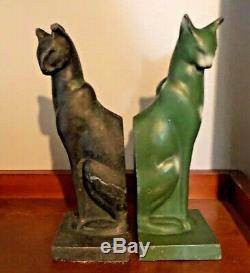 Antique Art Deco Frankart Nuart Cat Cats Bookends Green Black Metal 8 Sleek