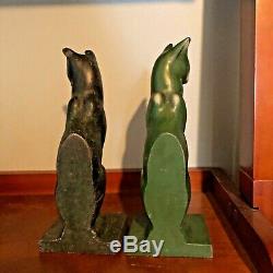 Antique Art Deco Frankart Nuart Cat Cats Bookends Green Black Metal 8 Sleek