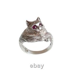 Antique Art Deco French Cat Ring Garnet Eyes Stone Sterling Silver 925 US 8