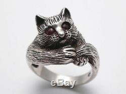 Antique Art Deco French Solid Silver 800 Cat Ring With Garnet Eyes Stone Size 7