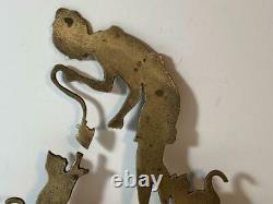 Antique Art Deco/Nouveau Brass 3-Hook Wall Rack Woman Feeding Fish Tail to Cats
