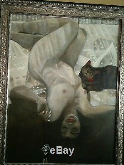 Antique Art Deco Painting Naked lady with cat Impressionism