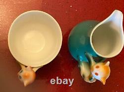 Antique Beyer & Bock Deco Teacup & Pitcher Porcelain Cat Handle Germany rare