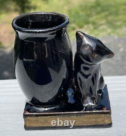 Antique Black Glazed Halloween Red Pottery Cat Figurine Shafford Late 19th Deco