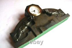 Antique Black imitation stone mantel clock with big cats jaguars panthers