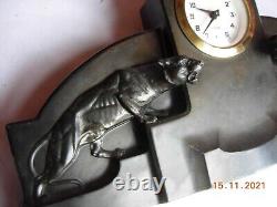 Antique Black imitation stone mantel clock with big cats jaguars panthers